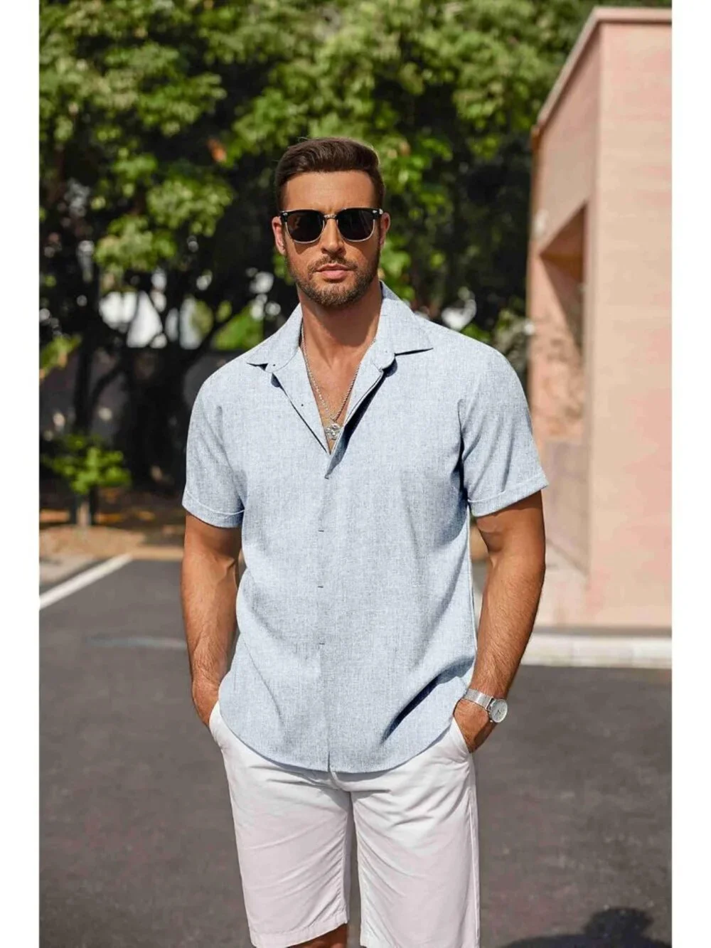 Men's Blue Beach Linen Short Sleeve Casual Wedding Shirts Button Down